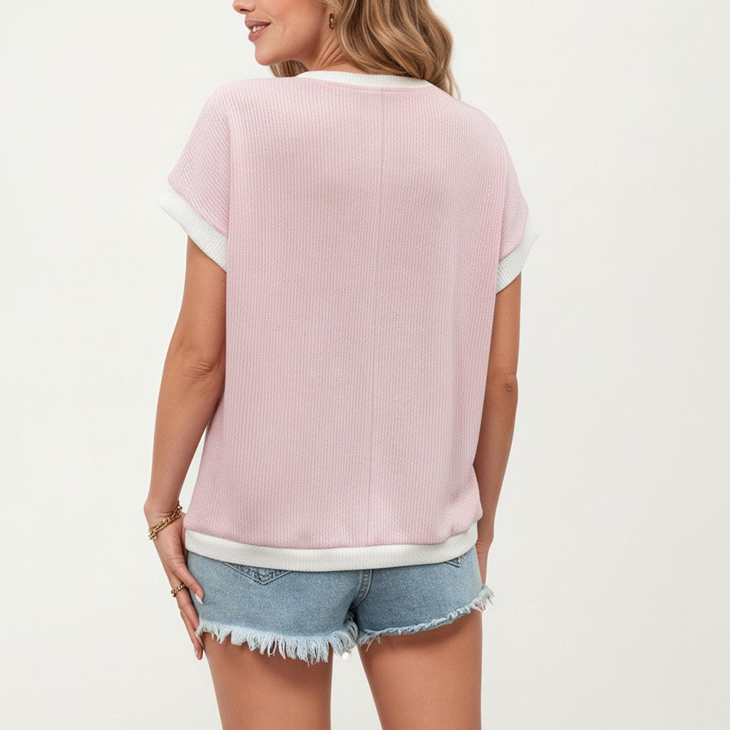 Anna-Kaci Short Sleeve Textured Knit Top with Contrast Rib Trim
