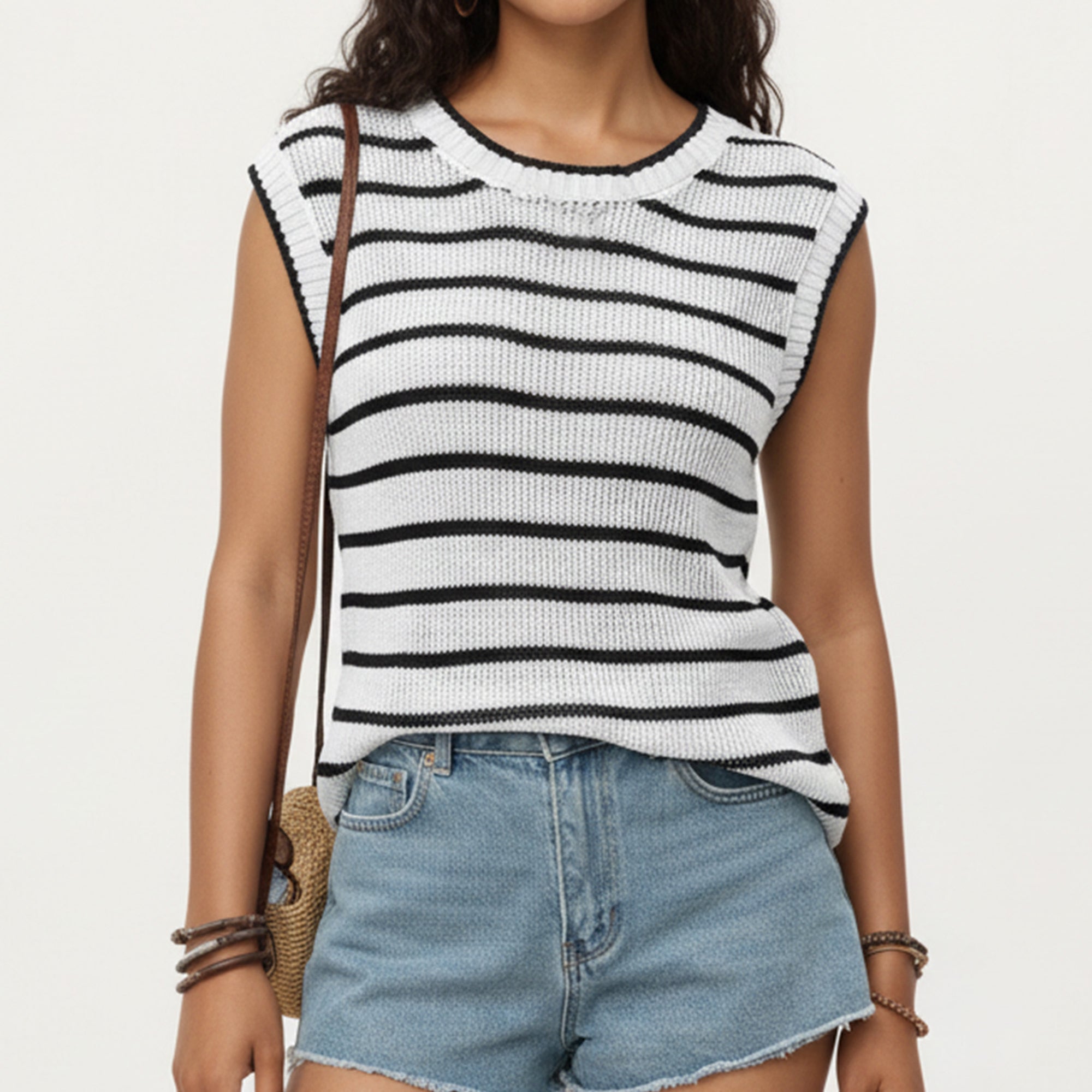 Anna-Kaci Sleeveless Textured Knit Top with Stripe Pattern