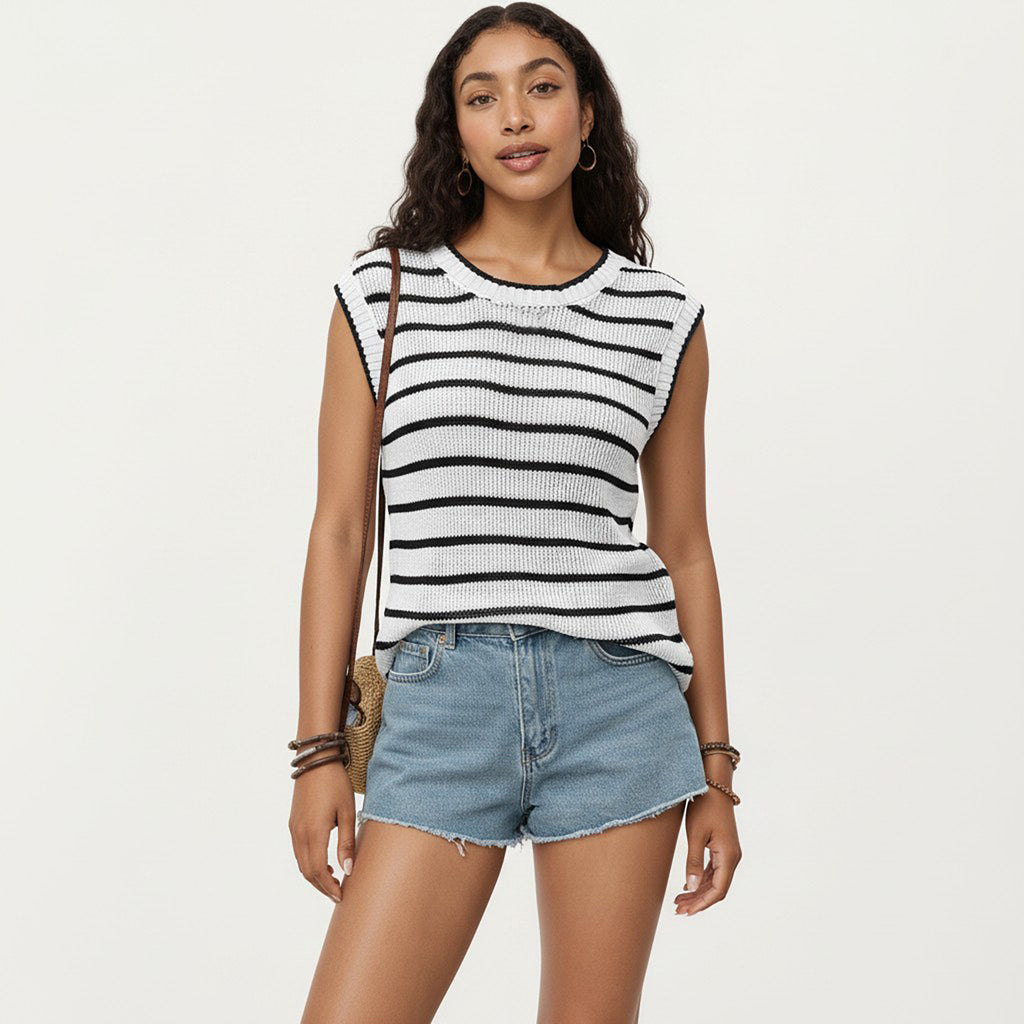 Anna-Kaci Sleeveless Textured Knit Top with Stripe Pattern