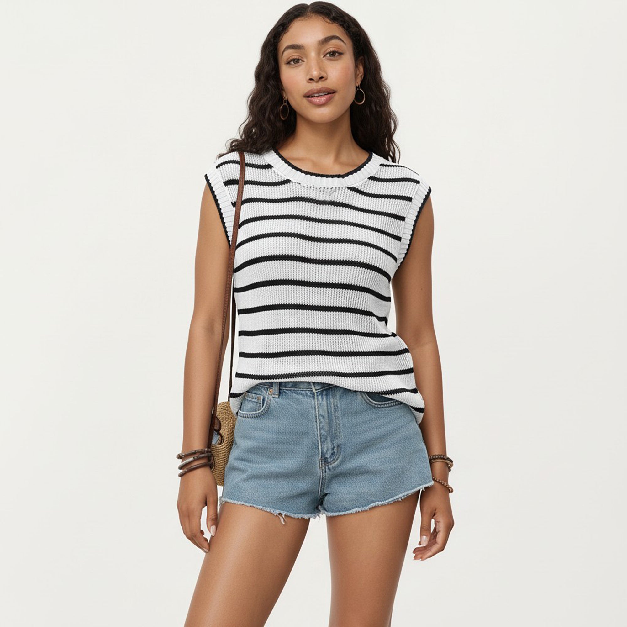 Anna-Kaci Sleeveless Textured Knit Top with Stripe Pattern