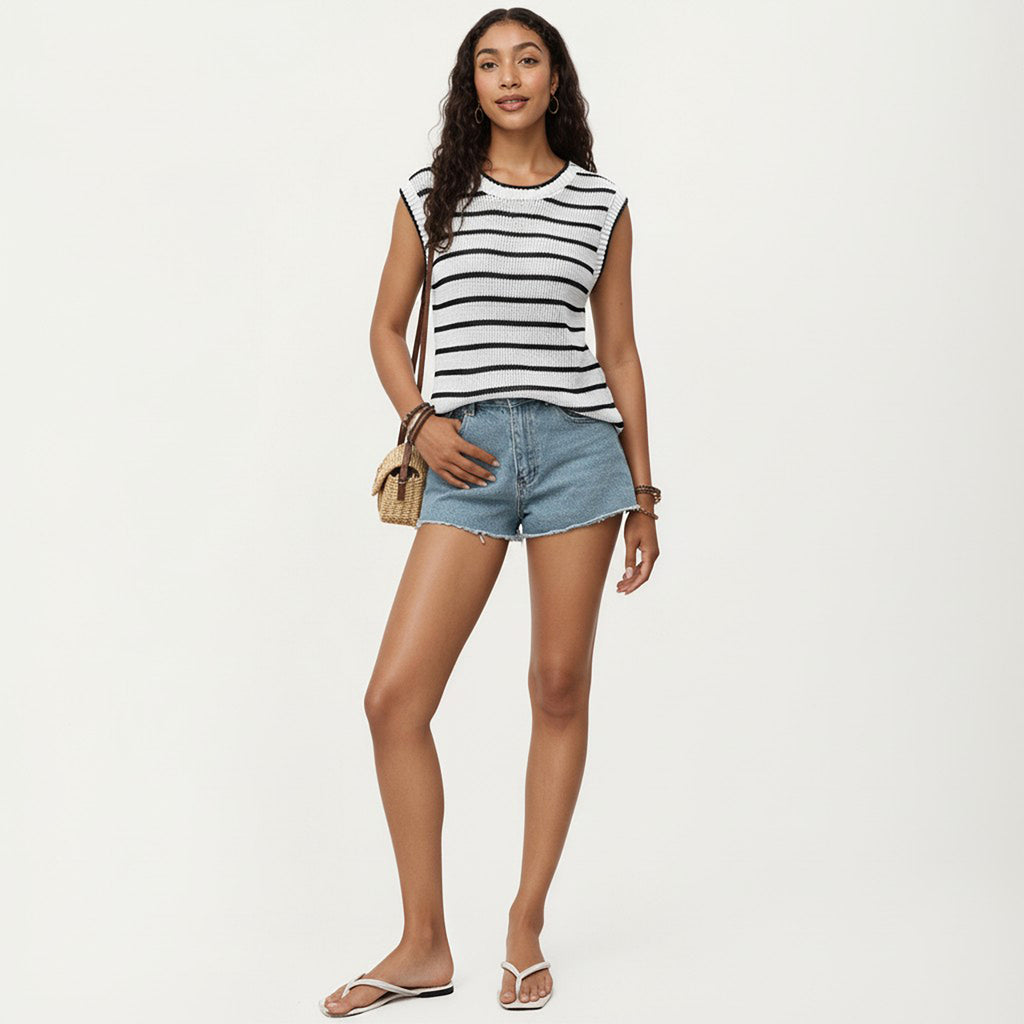 Anna-Kaci Sleeveless Textured Knit Top with Stripe Pattern