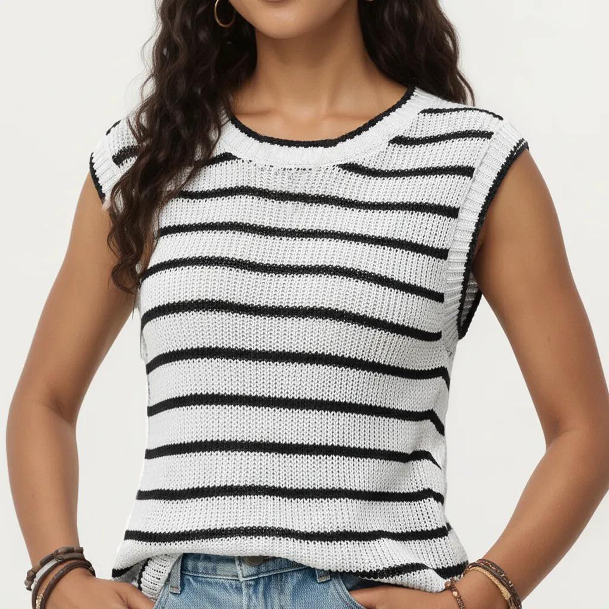 Anna-Kaci Sleeveless Textured Knit Top with Stripe Pattern