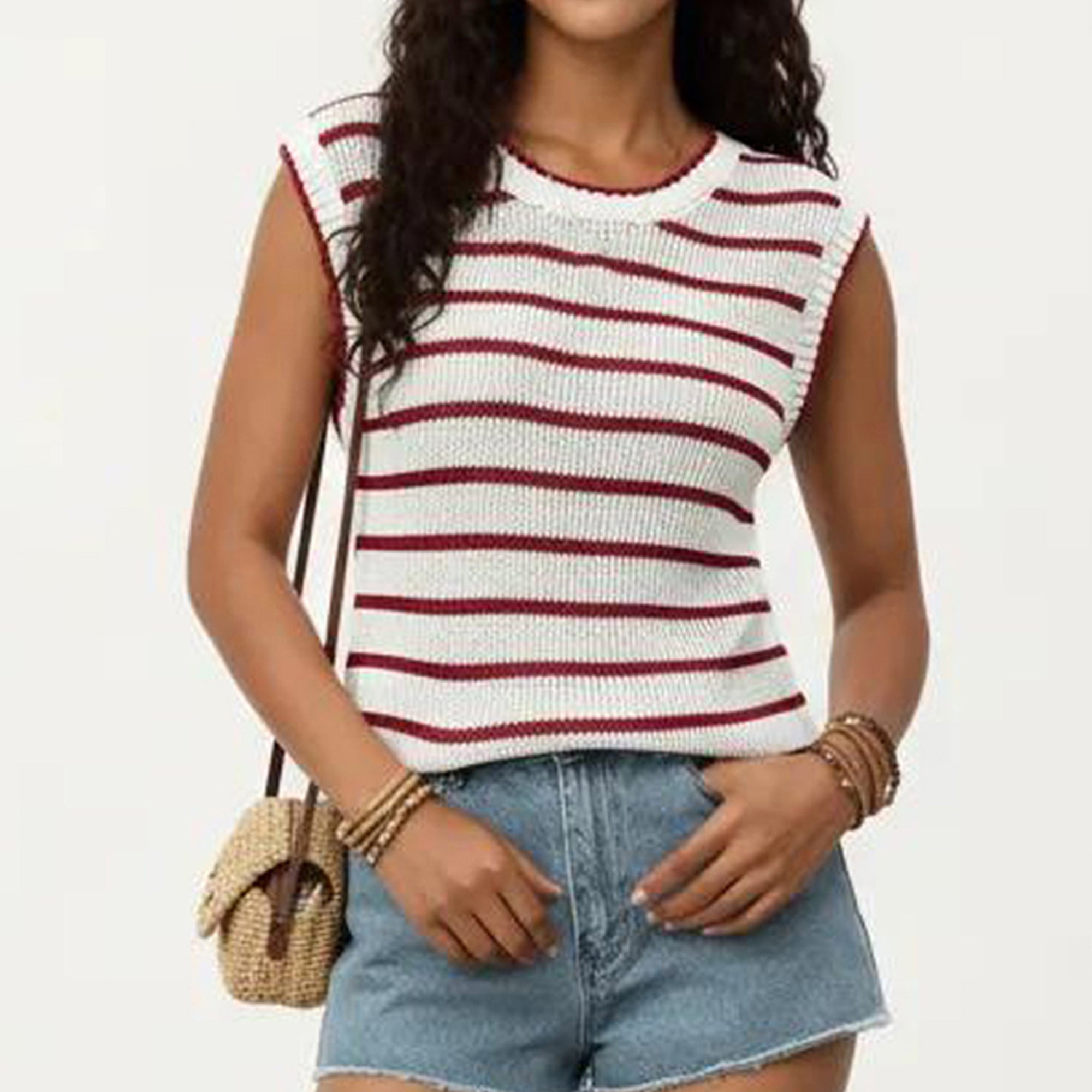 Anna-Kaci Sleeveless Textured Knit Top with Stripe Pattern