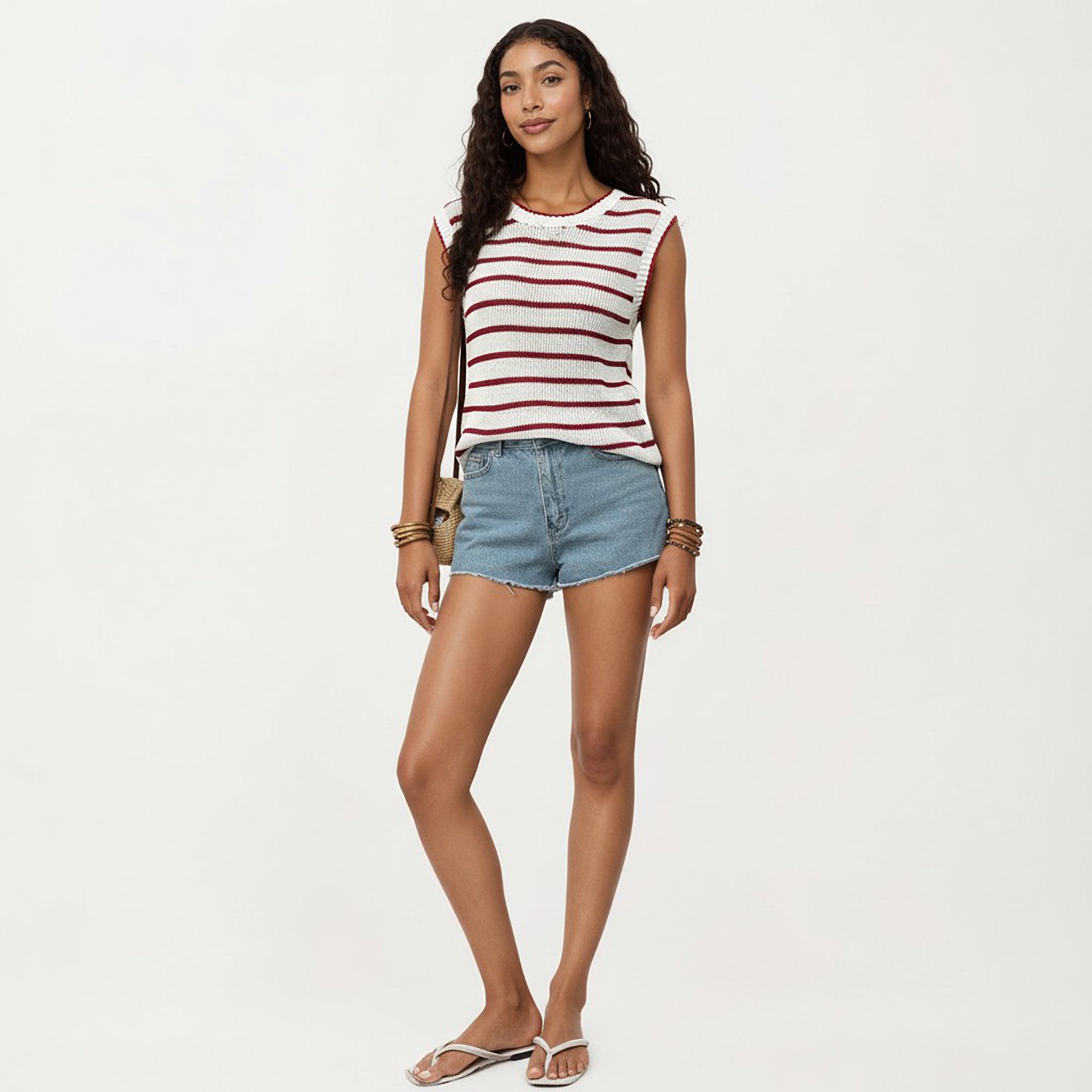 Anna-Kaci Sleeveless Textured Knit Top with Stripe Pattern