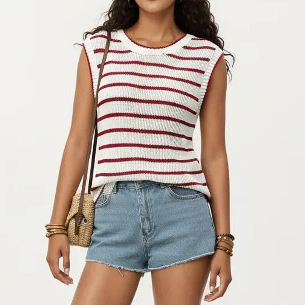 Anna-Kaci Sleeveless Textured Knit Top with Stripe Pattern