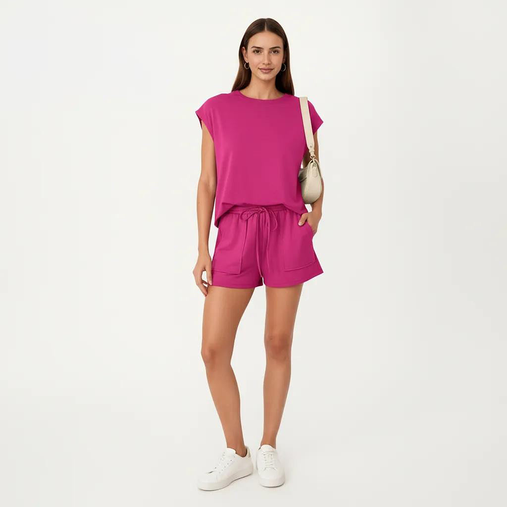 Anna-Kaci Short Sleeve Lounge Top and Shorts Set with Relaxed Fit