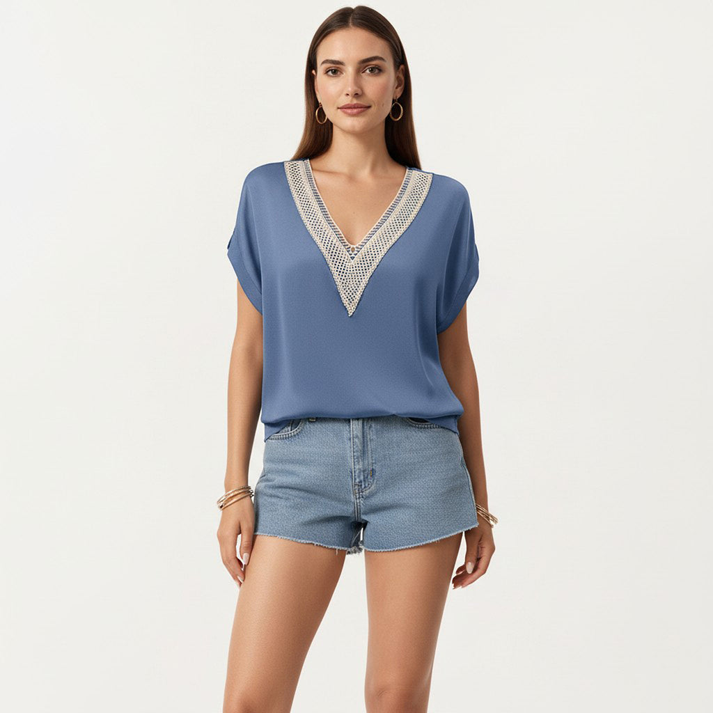 Anna-Kaci Short Sleeve V Neck Blouse with Crochet Trim Detail