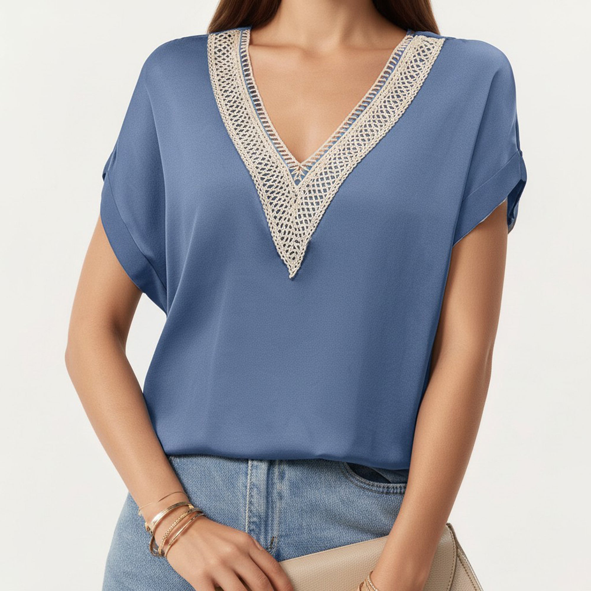 Anna-Kaci Short Sleeve V Neck Blouse with Crochet Trim Detail