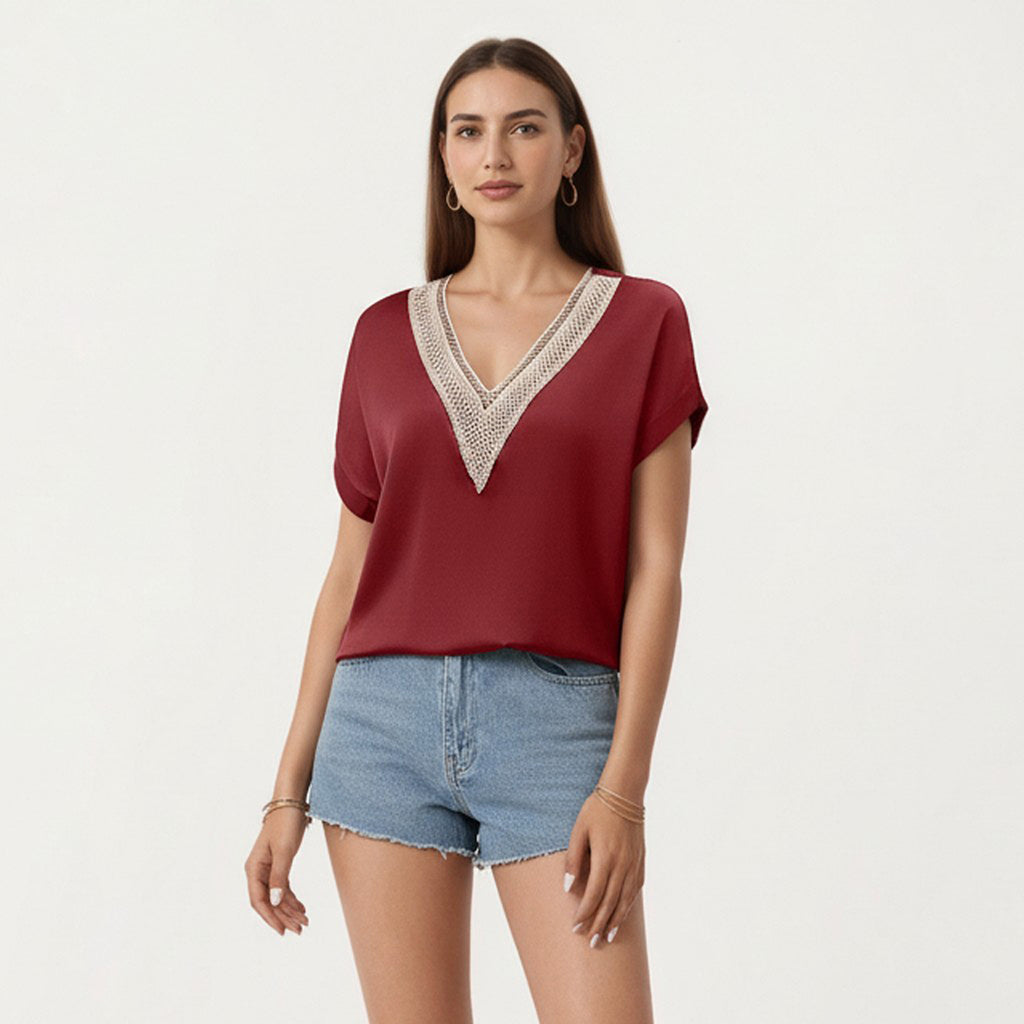 Anna-Kaci Short Sleeve V Neck Blouse with Crochet Trim Detail