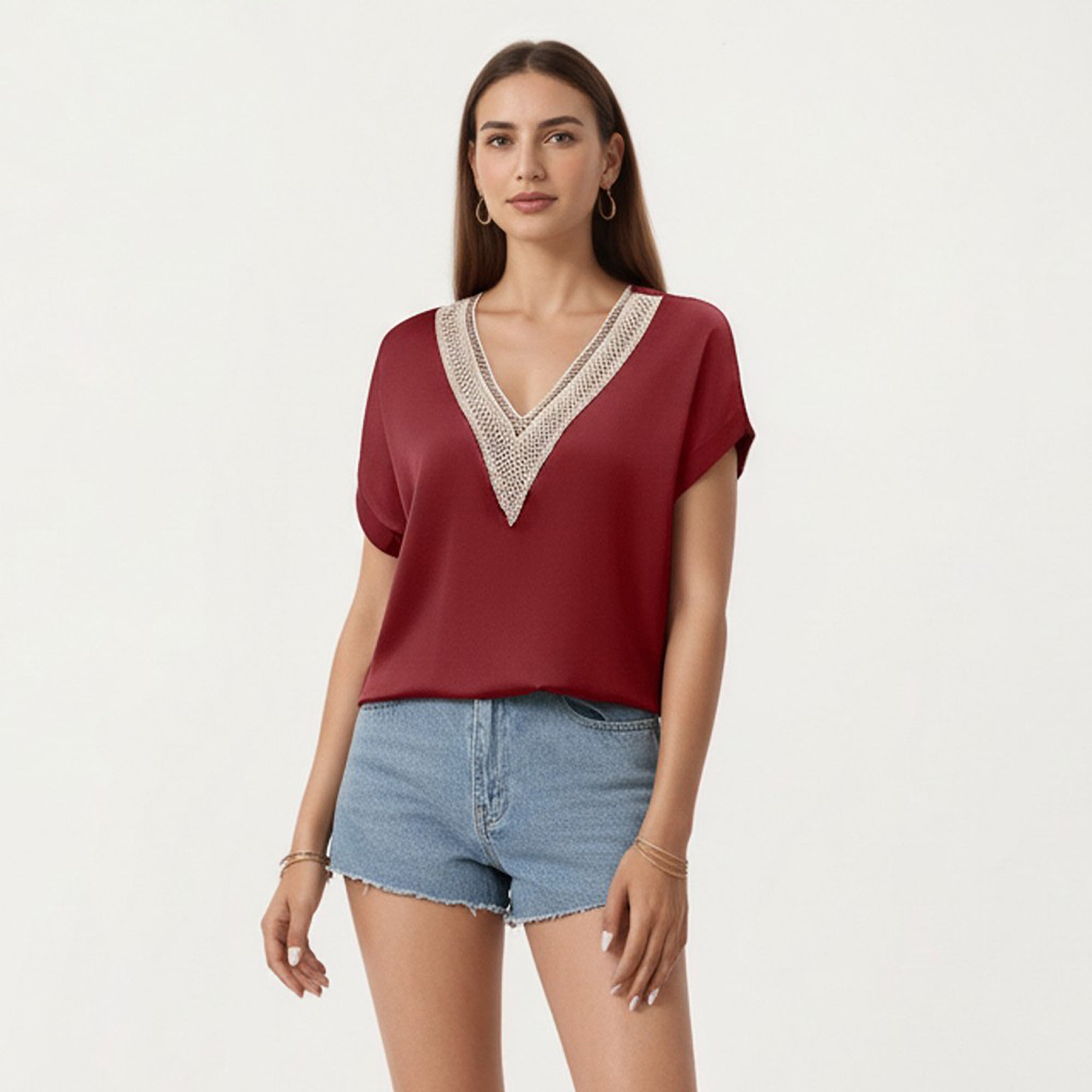 Anna-Kaci Short Sleeve V Neck Blouse with Crochet Trim Detail
