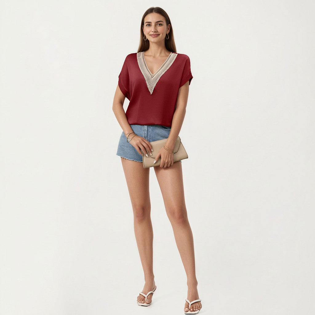 Anna-Kaci Short Sleeve V Neck Blouse with Crochet Trim Detail