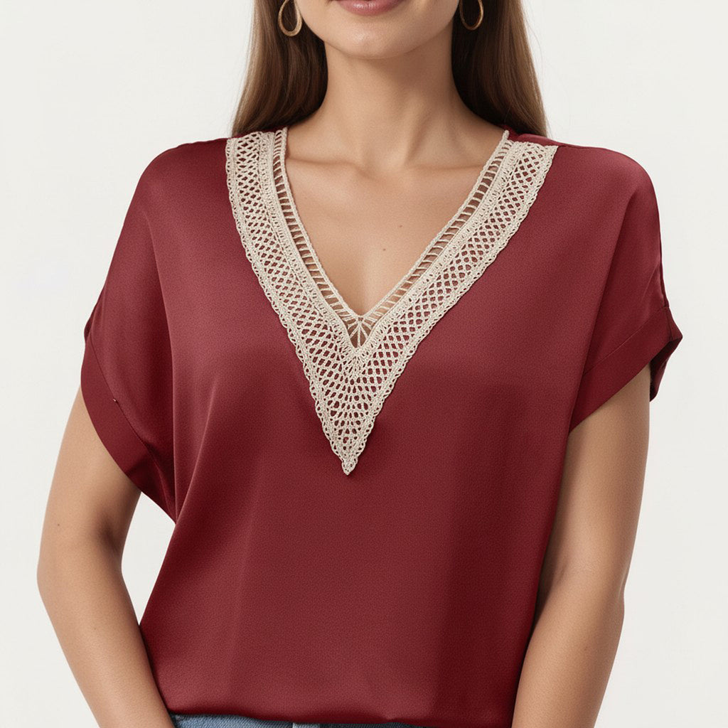 Anna-Kaci Short Sleeve V Neck Blouse with Crochet Trim Detail