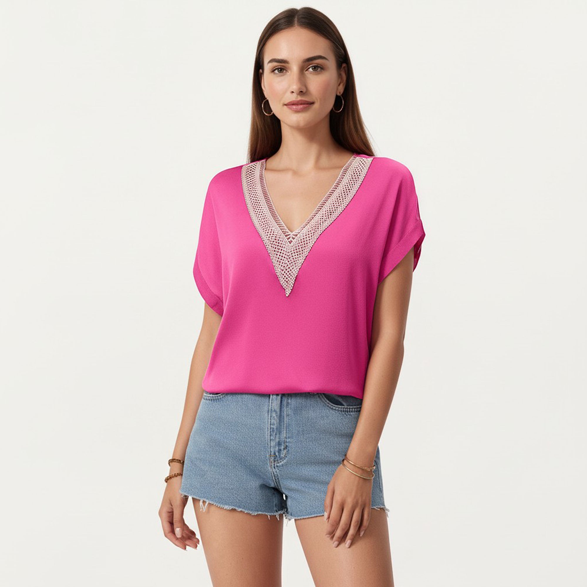 Anna-Kaci Short Sleeve V Neck Blouse with Crochet Trim Detail
