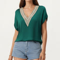 Anna-Kaci Short Sleeve V Neck Blouse with Crochet Trim Detail