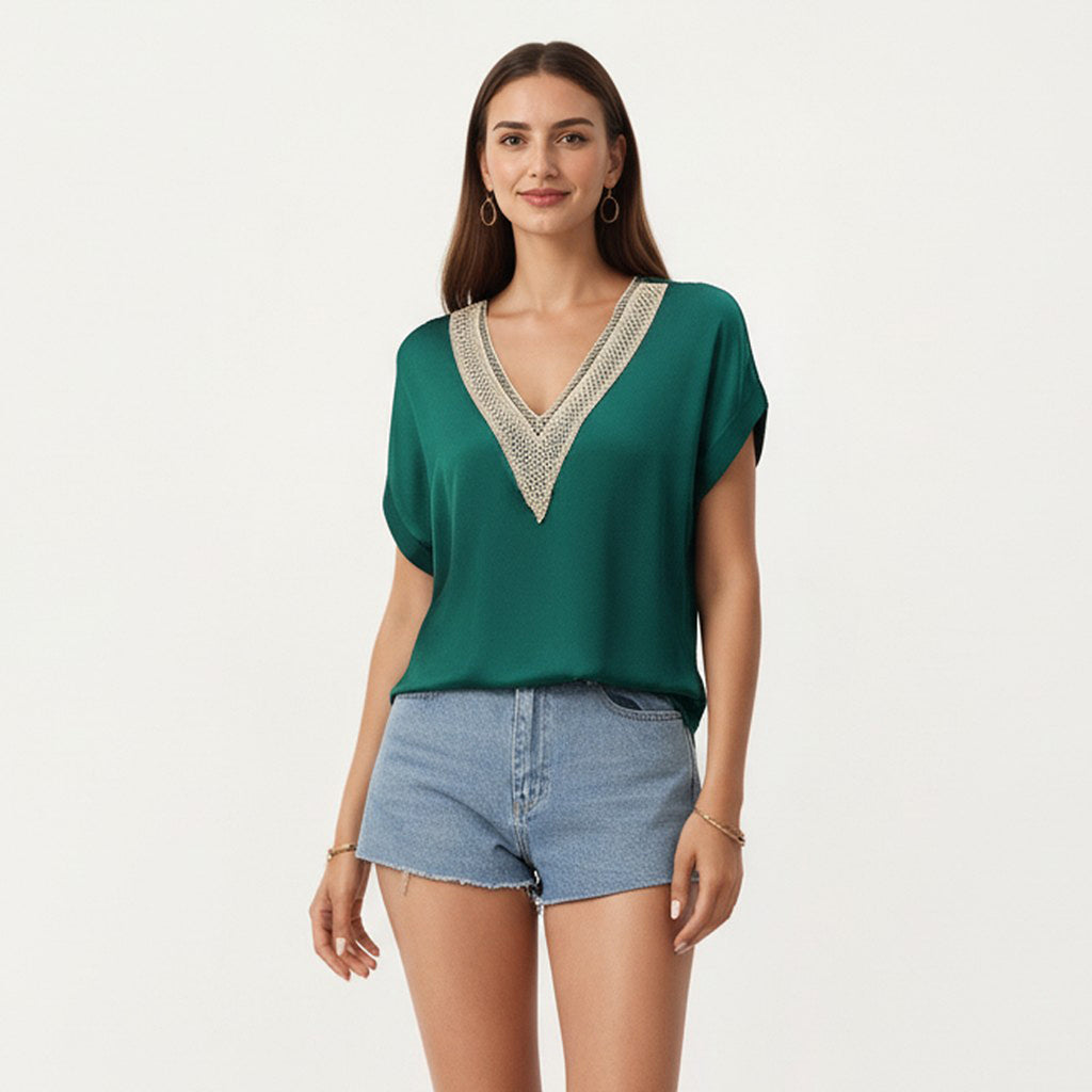 Anna-Kaci Short Sleeve V Neck Blouse with Crochet Trim Detail