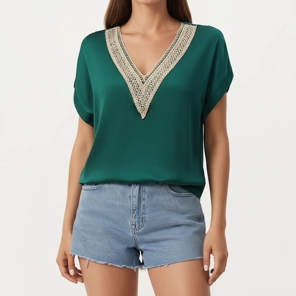 Anna-Kaci Short Sleeve V Neck Blouse with Crochet Trim Detail