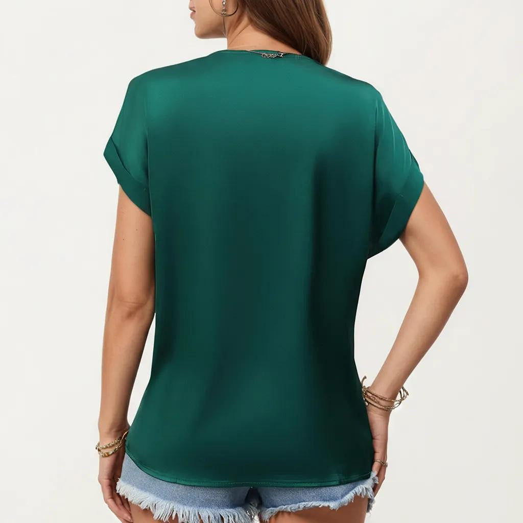 Anna-Kaci Short Sleeve V Neck Blouse with Crochet Trim Detail