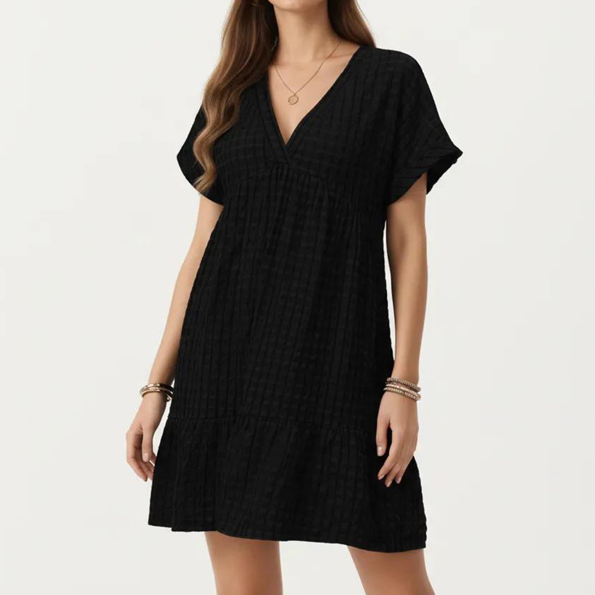 Anna-Kaci Short Sleeve V Neck Tiered Mini Dress with Gingham Pattern