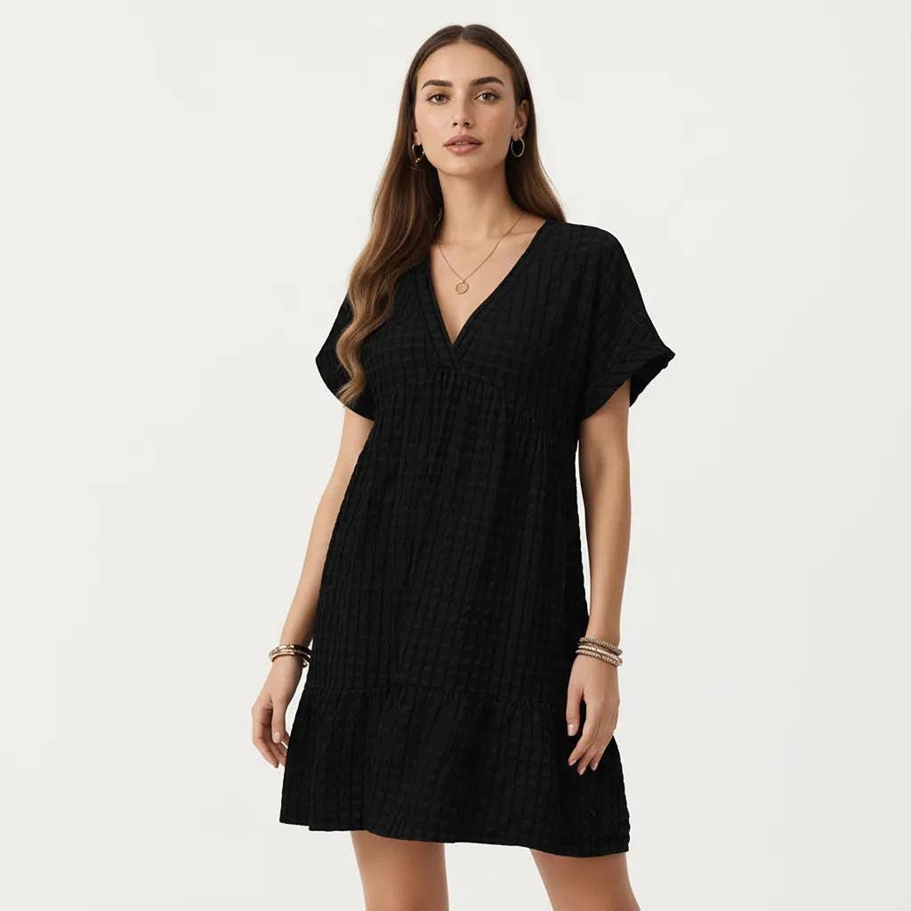 Anna-Kaci Short Sleeve V Neck Tiered Mini Dress with Gingham Pattern