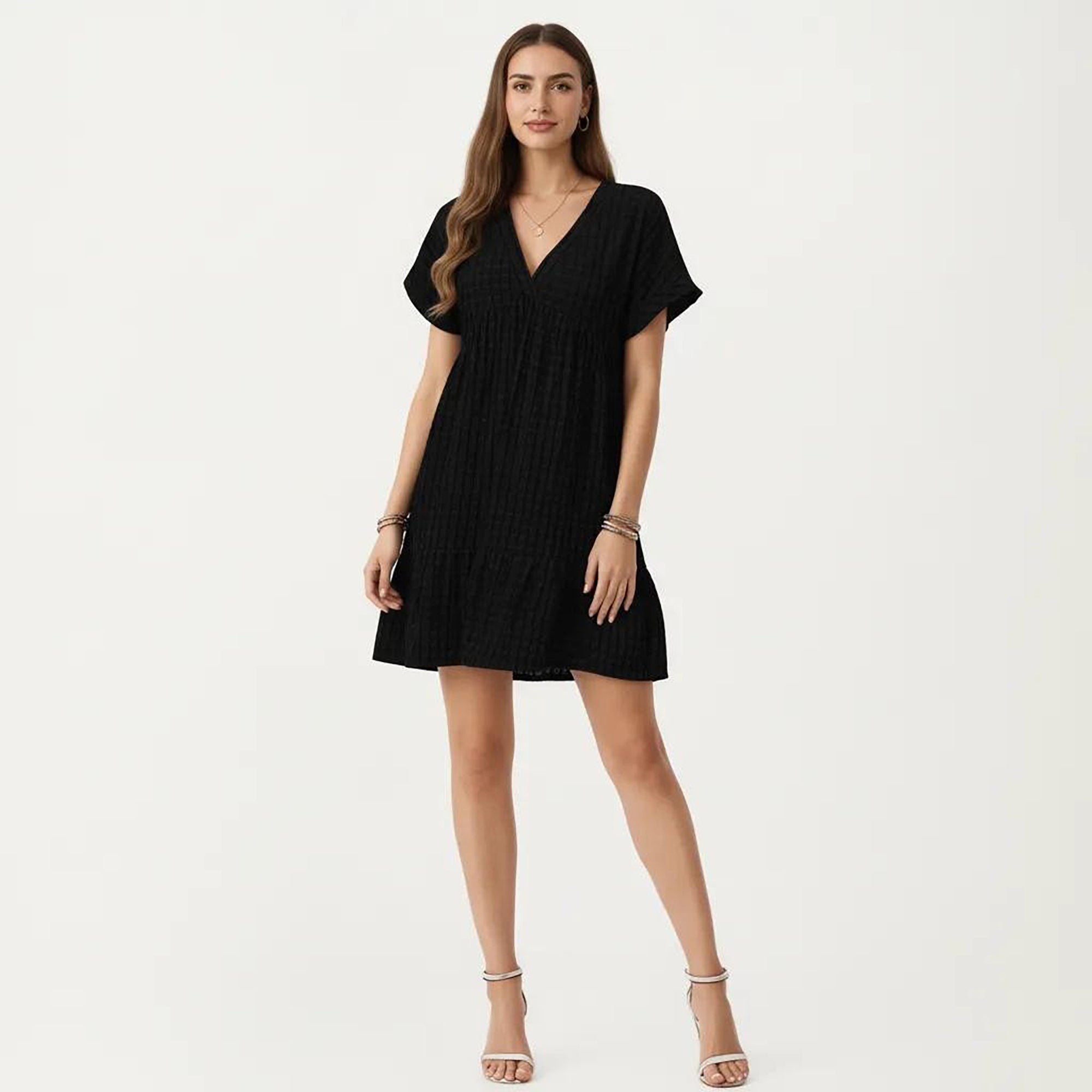 Anna-Kaci Short Sleeve V Neck Tiered Mini Dress with Gingham Pattern