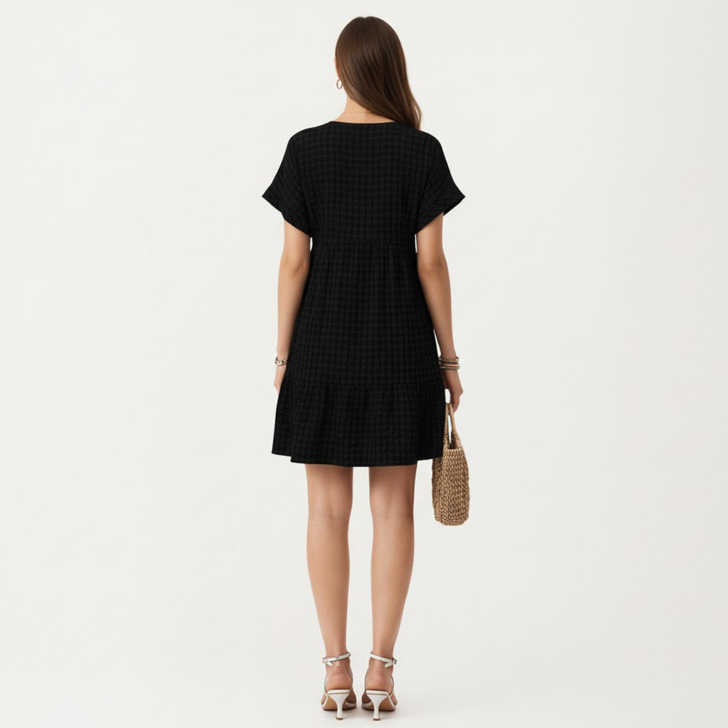 Anna-Kaci Short Sleeve V Neck Tiered Mini Dress with Gingham Pattern