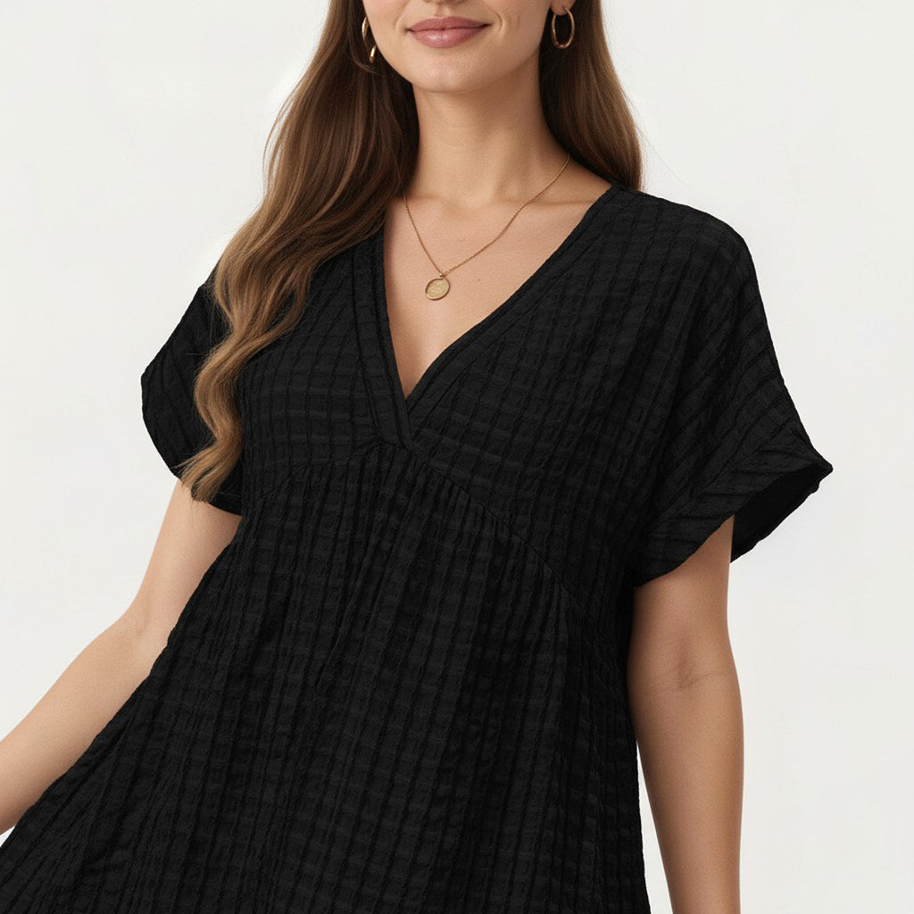 Anna-Kaci Short Sleeve V Neck Tiered Mini Dress with Gingham Pattern