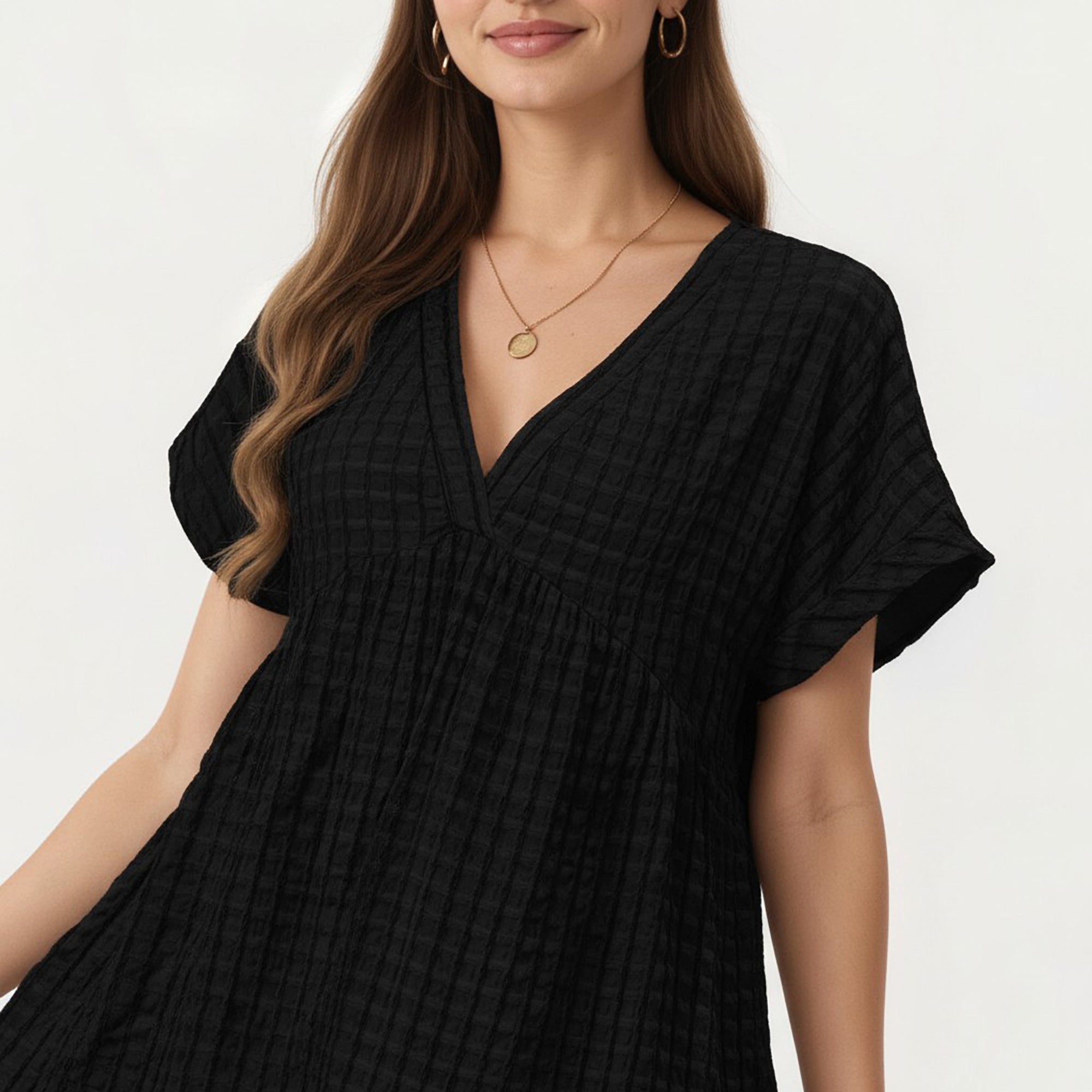 Anna-Kaci Short Sleeve V Neck Tiered Mini Dress with Gingham Pattern