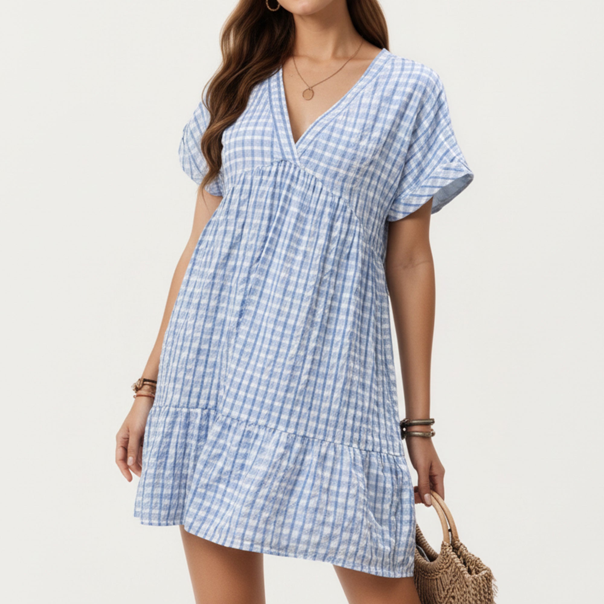 Anna-Kaci Short Sleeve V Neck Tiered Mini Dress with Gingham Pattern