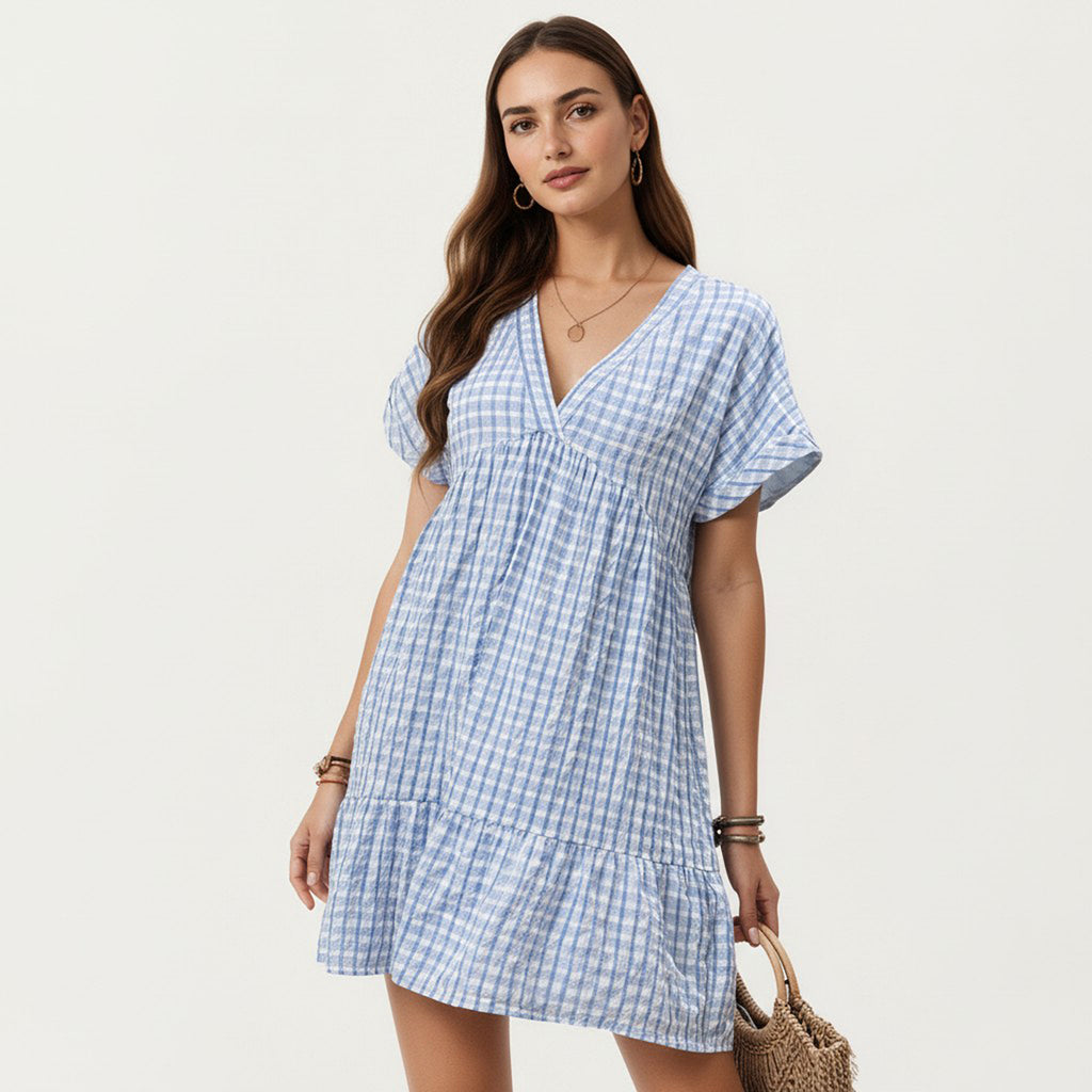 Anna-Kaci Short Sleeve V Neck Tiered Mini Dress with Gingham Pattern