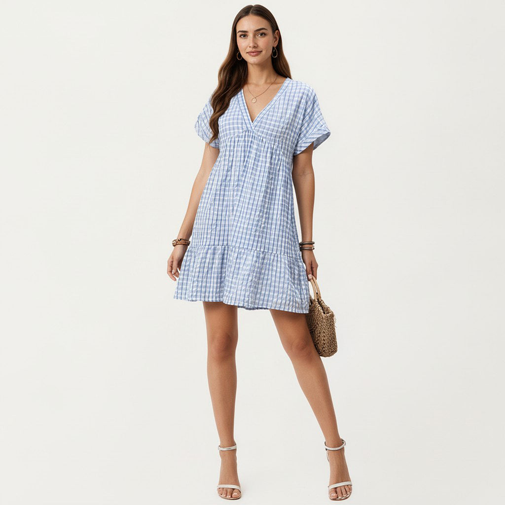 Anna-Kaci Short Sleeve V Neck Tiered Mini Dress with Gingham Pattern