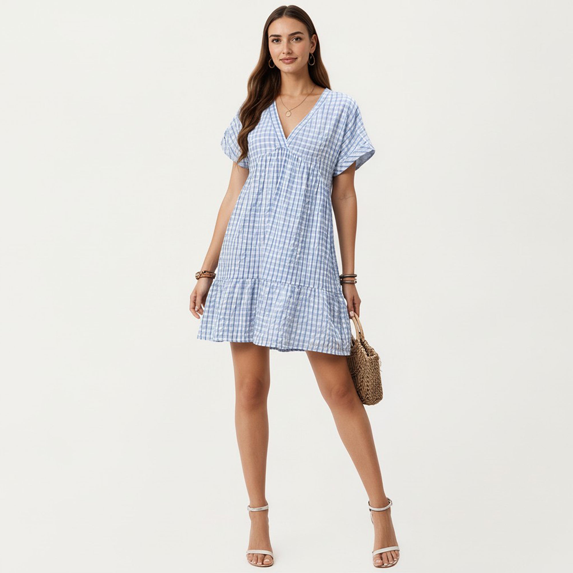 Anna-Kaci Short Sleeve V Neck Tiered Mini Dress with Gingham Pattern