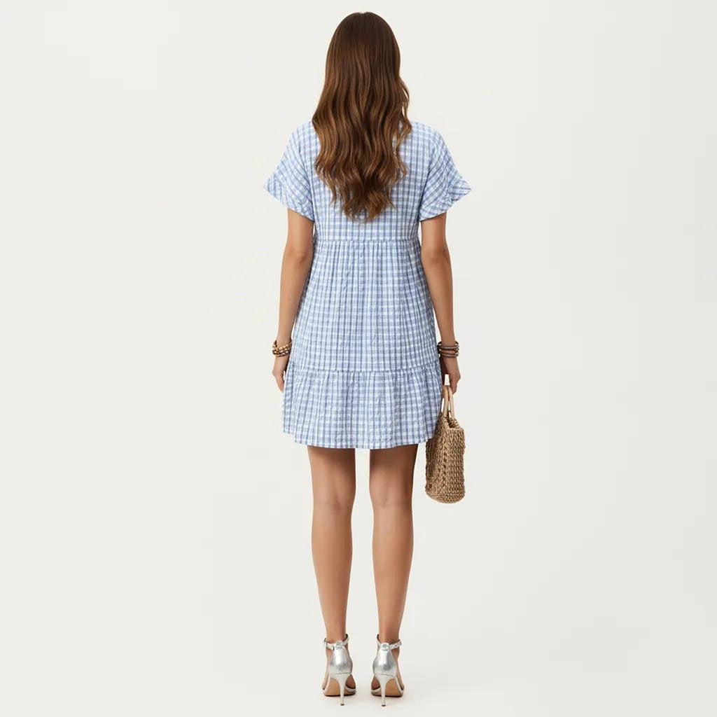 Anna-Kaci Short Sleeve V Neck Tiered Mini Dress with Gingham Pattern