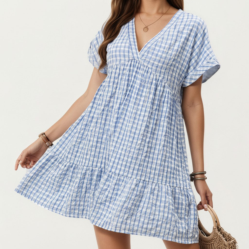 Anna-Kaci Short Sleeve V Neck Tiered Mini Dress with Gingham Pattern