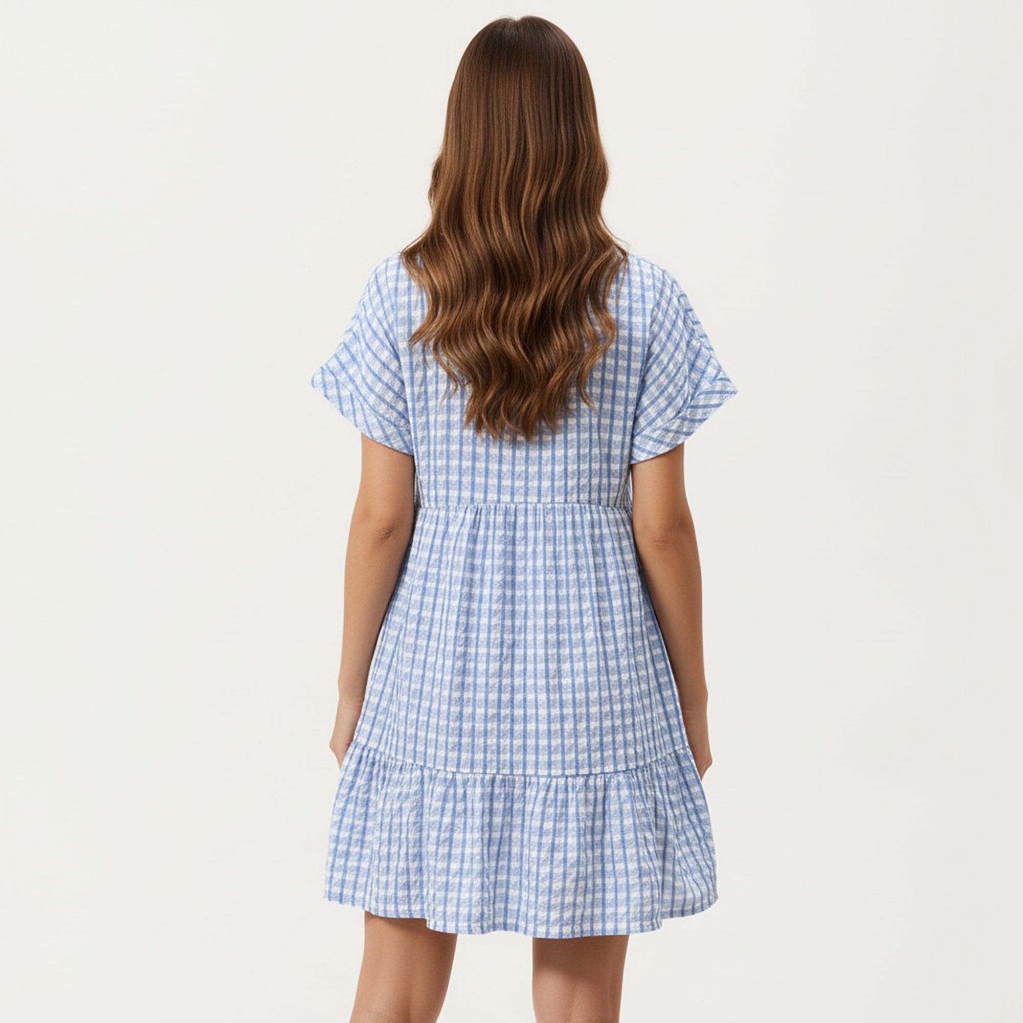Anna-Kaci Short Sleeve V Neck Tiered Mini Dress with Gingham Pattern