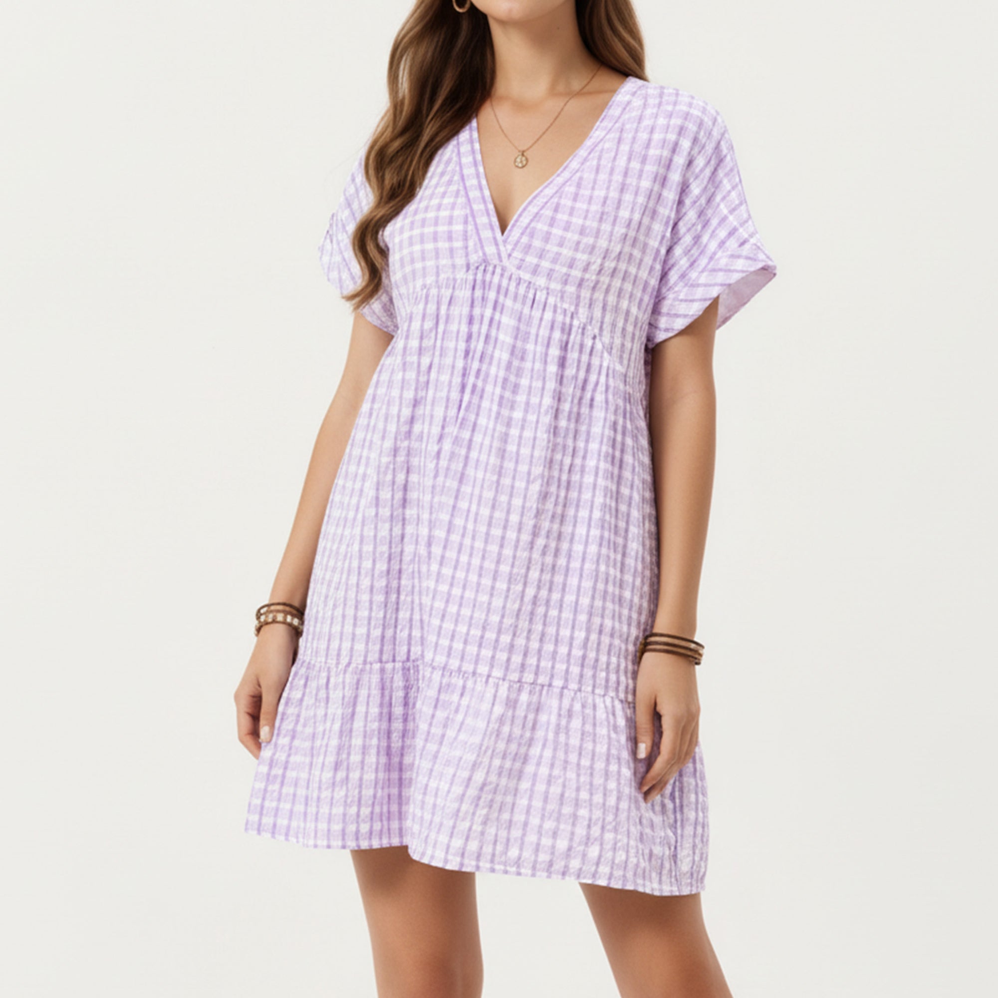 Anna-Kaci Short Sleeve V Neck Tiered Mini Dress with Gingham Pattern