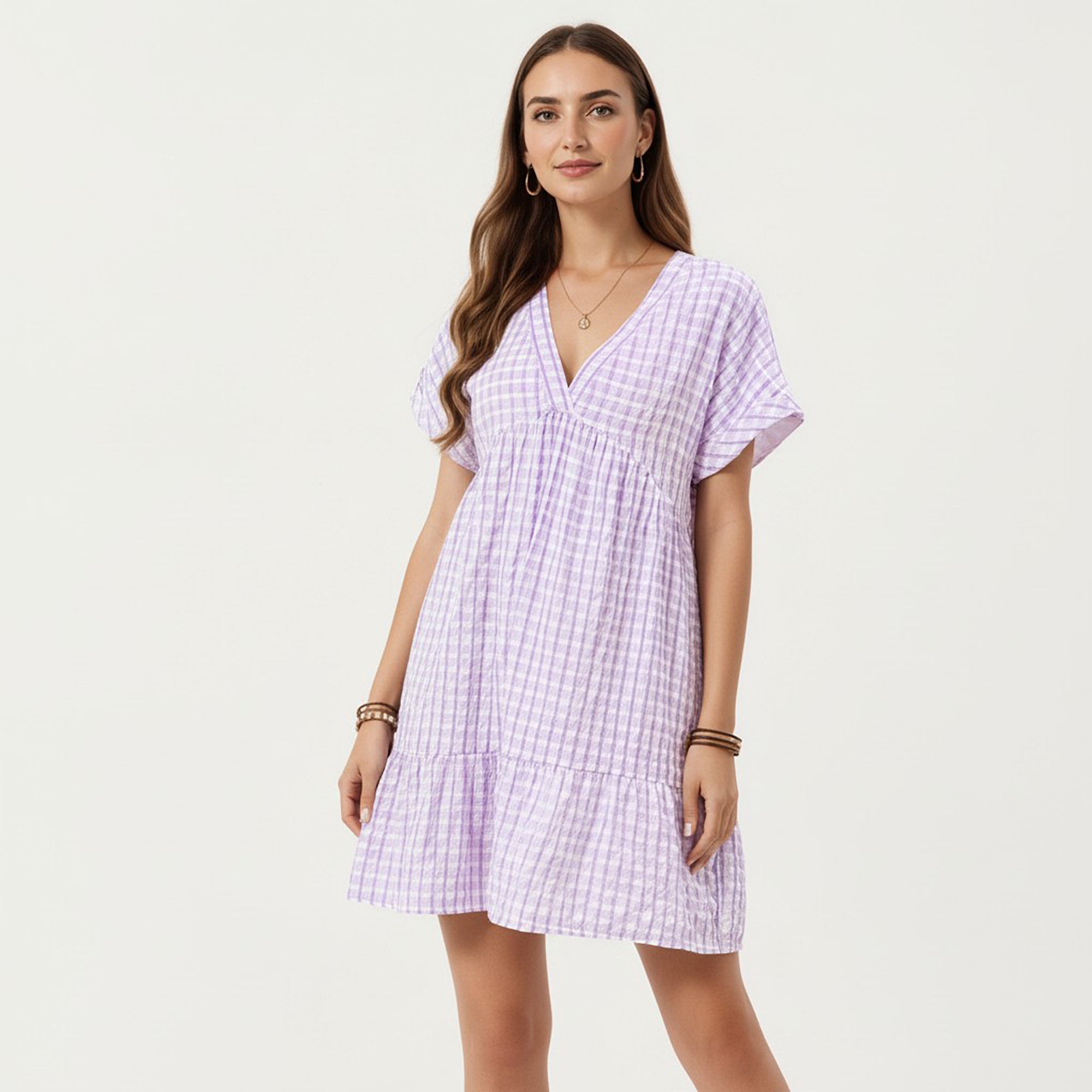 Anna-Kaci Short Sleeve V Neck Tiered Mini Dress with Gingham Pattern
