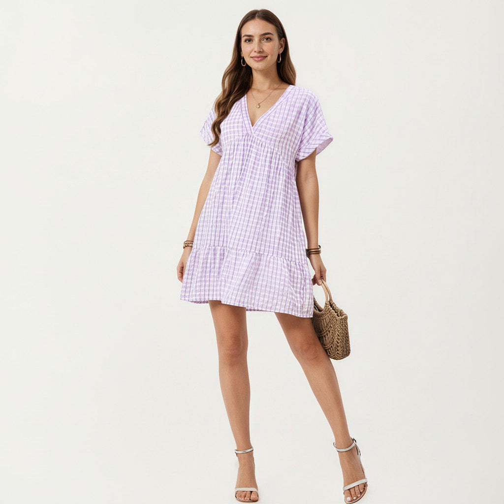 Anna-Kaci Short Sleeve V Neck Tiered Mini Dress with Gingham Pattern