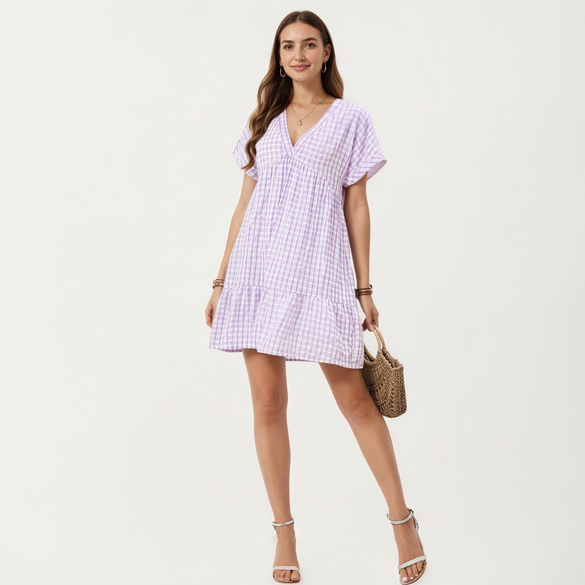 Anna-Kaci Short Sleeve V Neck Tiered Mini Dress with Gingham Pattern