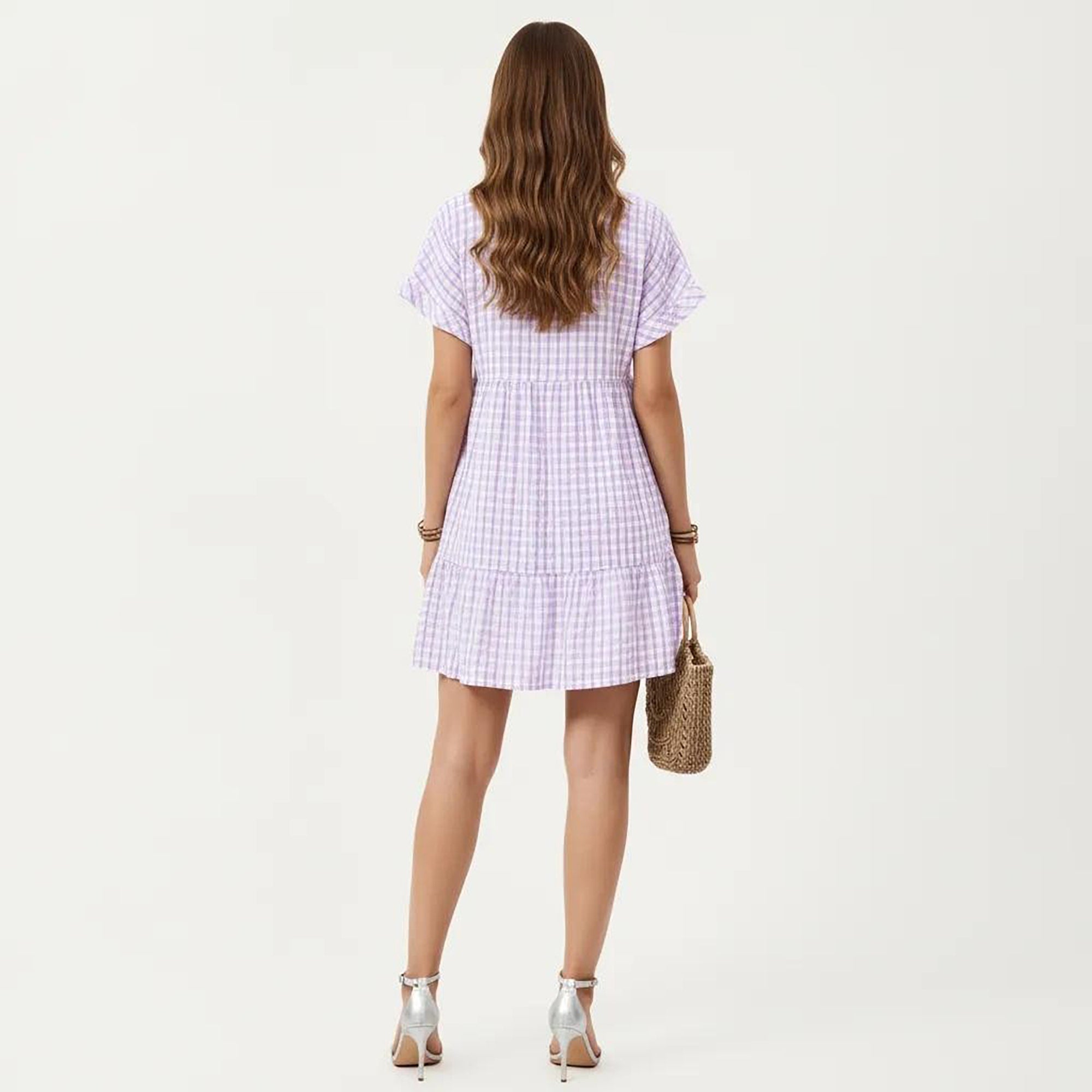 Anna-Kaci Short Sleeve V Neck Tiered Mini Dress with Gingham Pattern