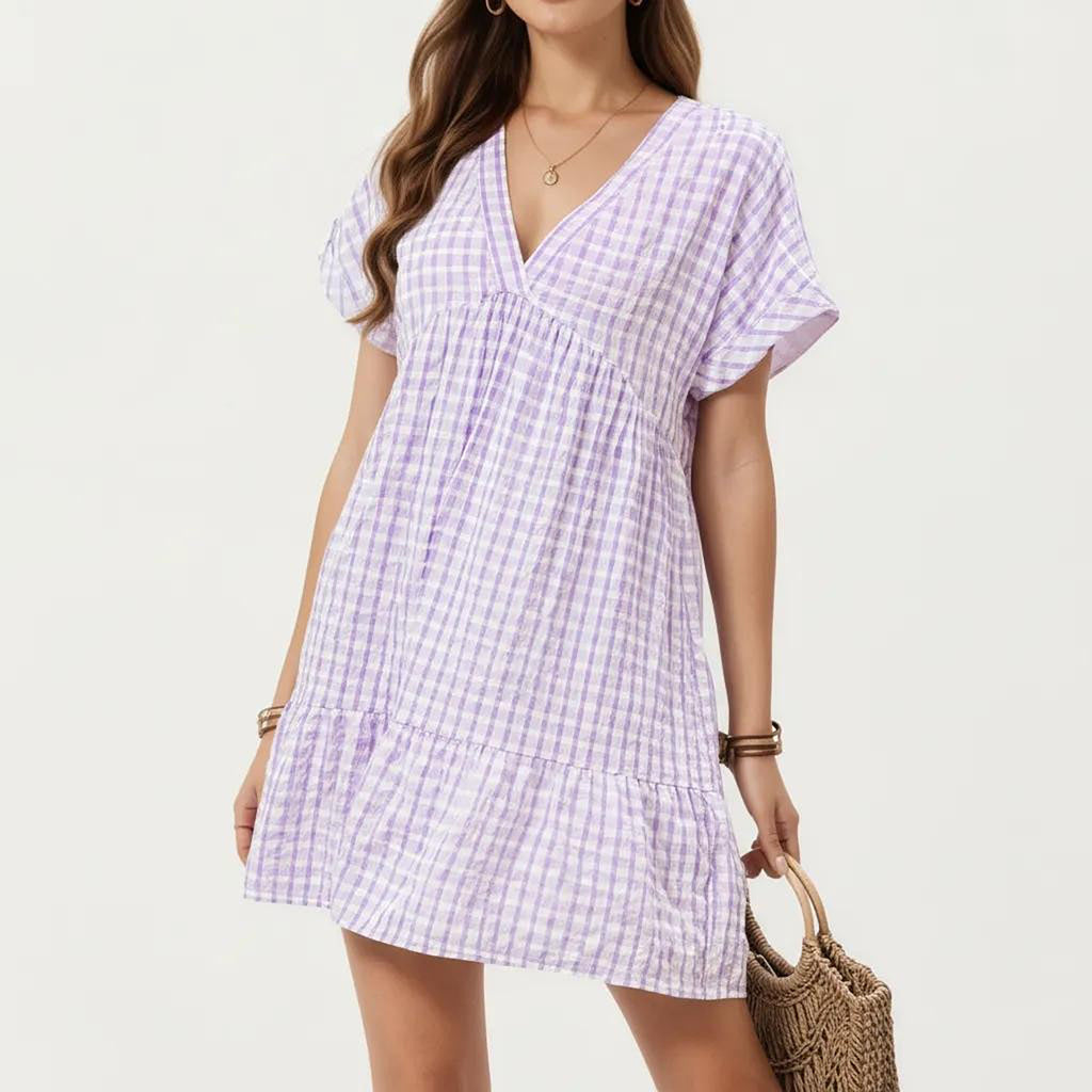 Anna-Kaci Short Sleeve V Neck Tiered Mini Dress with Gingham Pattern