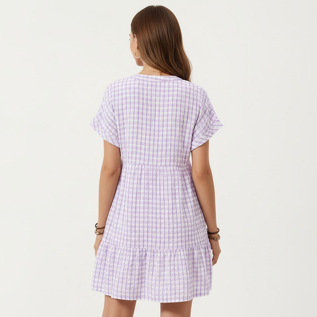 Anna-Kaci Short Sleeve V Neck Tiered Mini Dress with Gingham Pattern