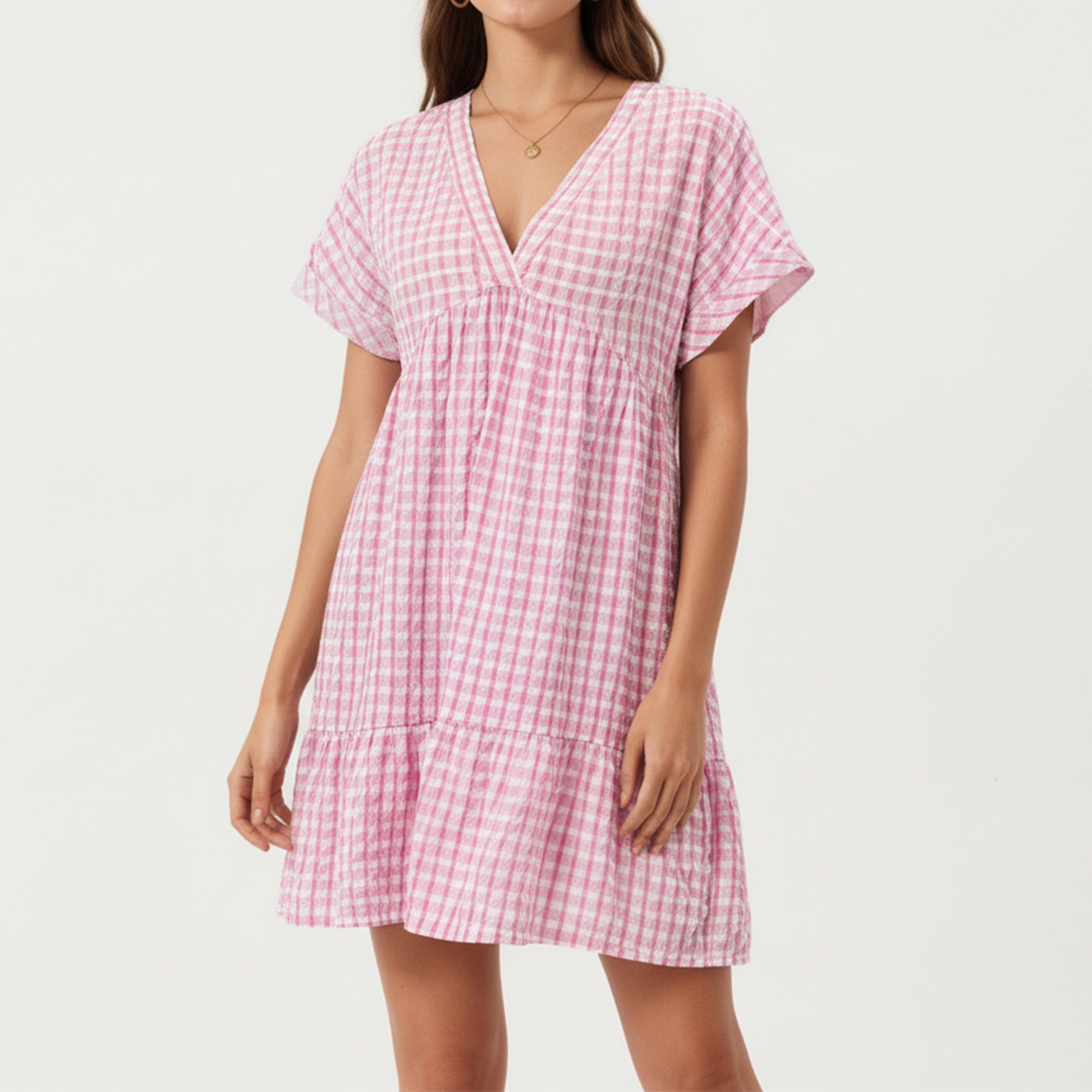 Anna-Kaci Short Sleeve V Neck Tiered Mini Dress with Gingham Pattern