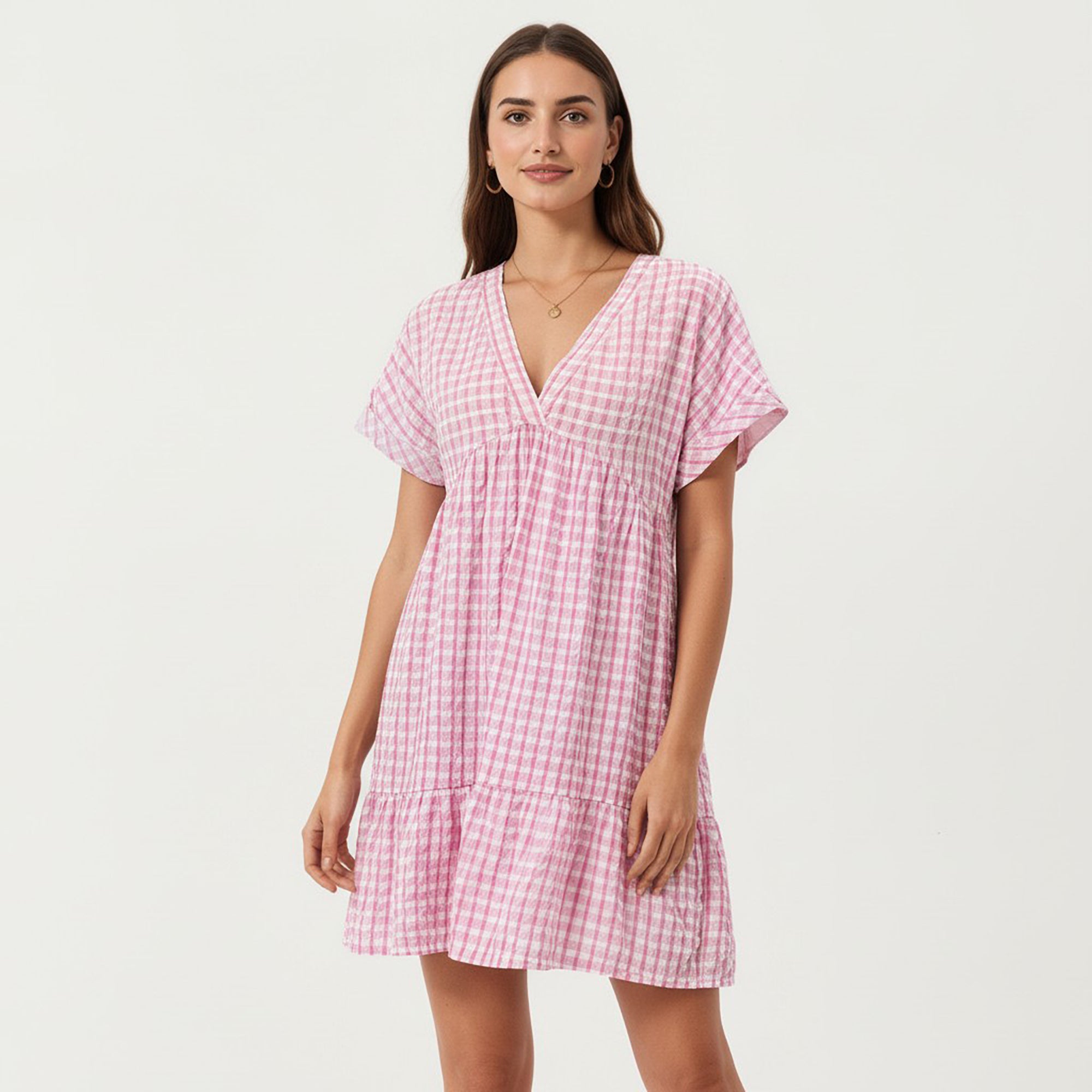Anna-Kaci Short Sleeve V Neck Tiered Mini Dress with Gingham Pattern