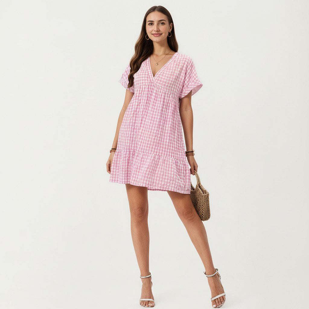 Anna-Kaci Short Sleeve V Neck Tiered Mini Dress with Gingham Pattern