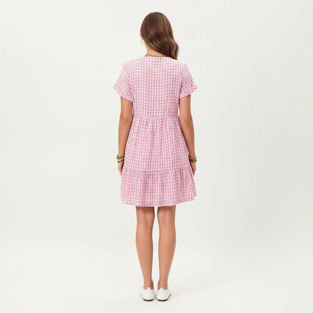 Anna-Kaci Short Sleeve V Neck Tiered Mini Dress with Gingham Pattern
