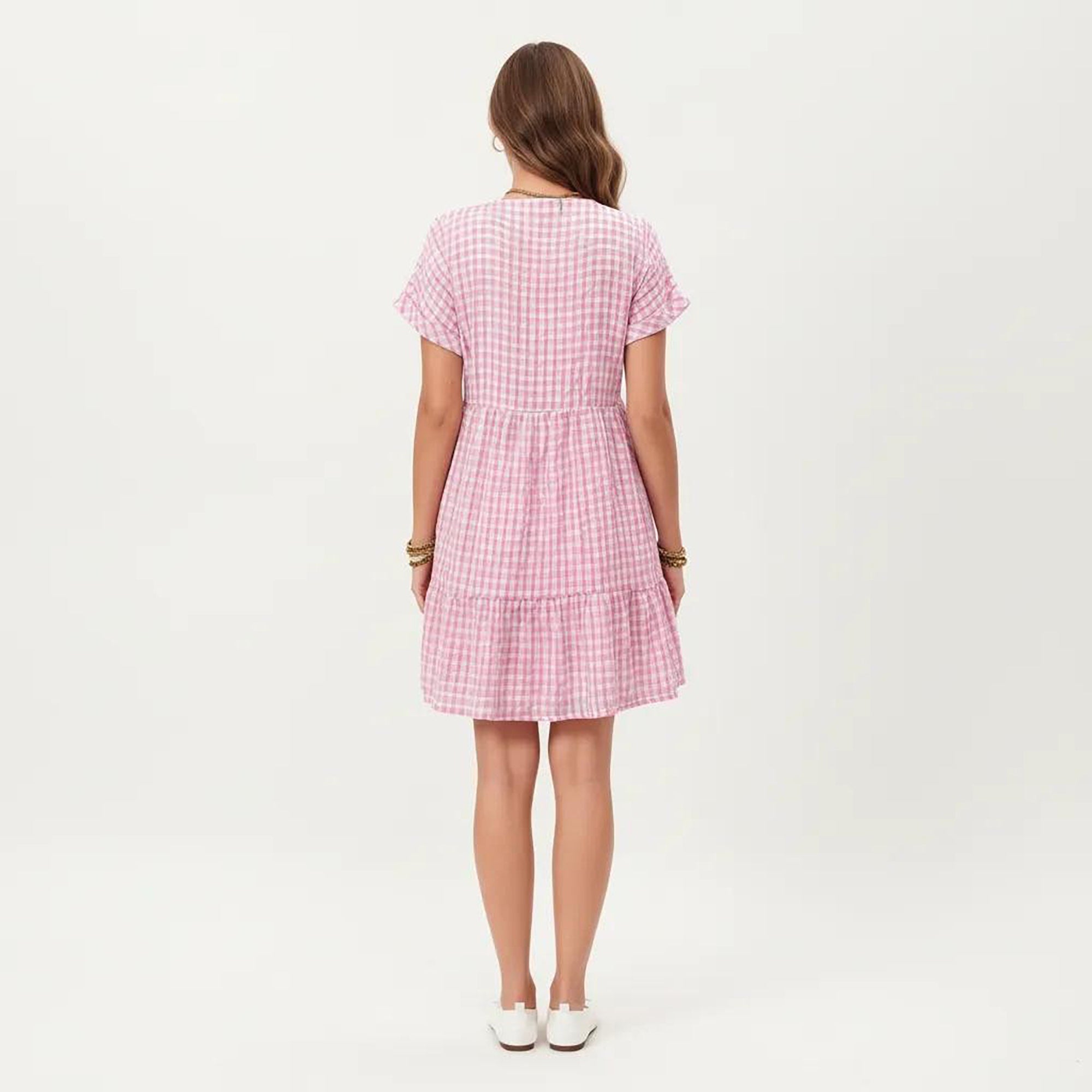 Anna-Kaci Short Sleeve V Neck Tiered Mini Dress with Gingham Pattern