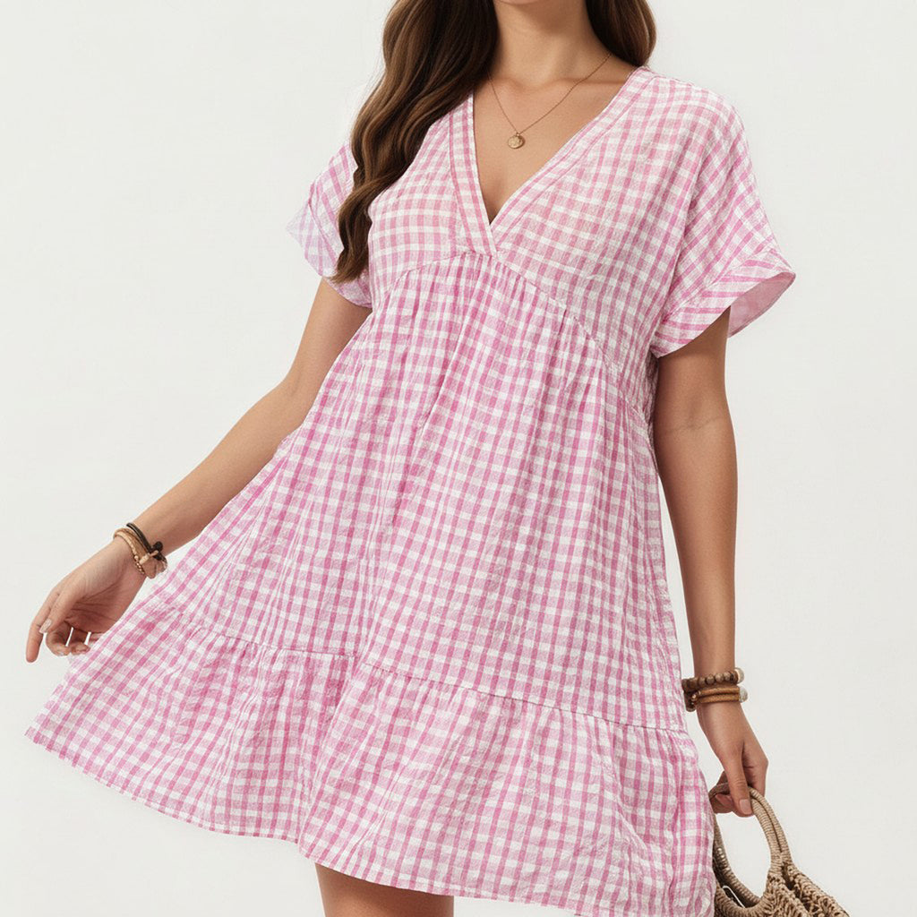 Anna-Kaci Short Sleeve V Neck Tiered Mini Dress with Gingham Pattern