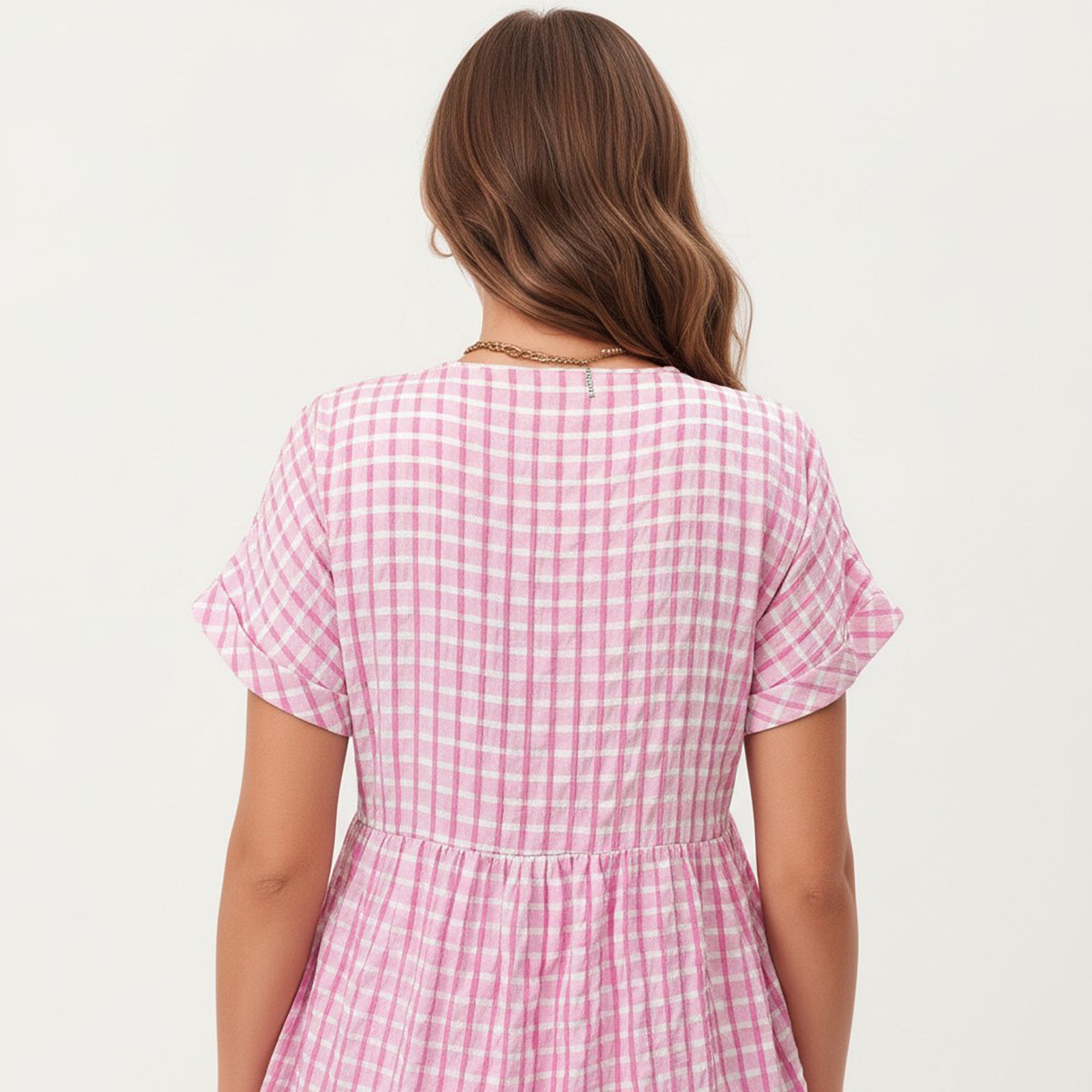 Anna-Kaci Short Sleeve V Neck Tiered Mini Dress with Gingham Pattern