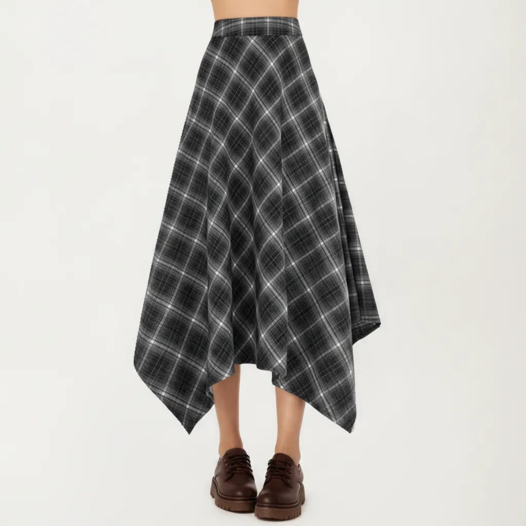 Anna-Kaci Women's Asymmetrical Plaid Midi Skirt with Handkerchief Hem and Flowy Silhouette