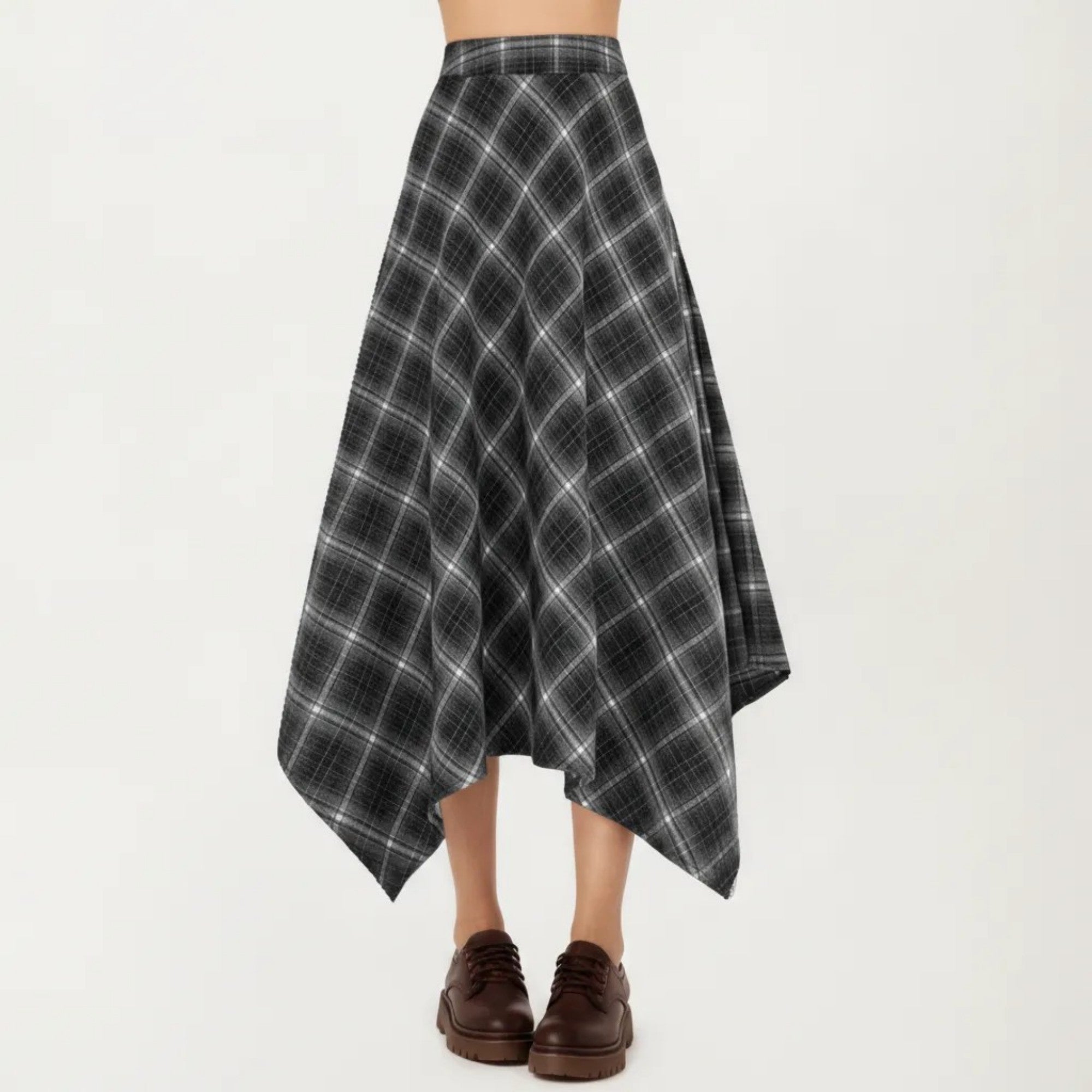 Anna-Kaci Women's Asymmetrical Plaid Midi Skirt with Handkerchief Hem and Flowy Silhouette